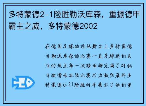 多特蒙德2-1险胜勒沃库森，重振德甲霸主之威，多特蒙德2002
