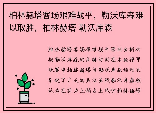 柏林赫塔客场艰难战平，勒沃库森难以取胜，柏林赫塔 勒沃库森